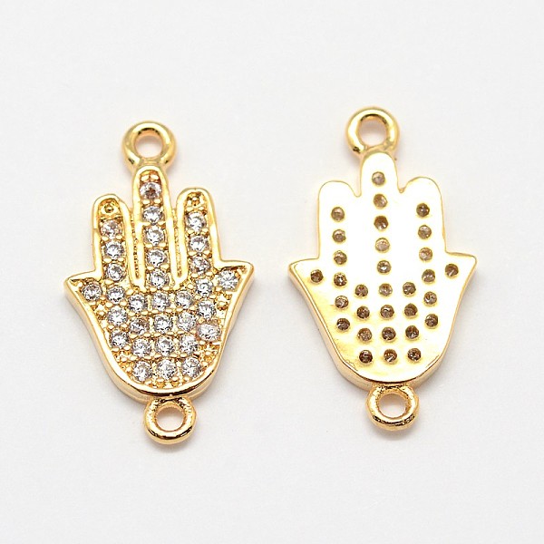 

PandaHall CZ Brass Micro Pave Cubic Zirconia Hamsa Hand/Hand of Fatima /Hand of Miriam Links, Golden, 18x10x2mm, Hole: 1mm Brass+Cubic...