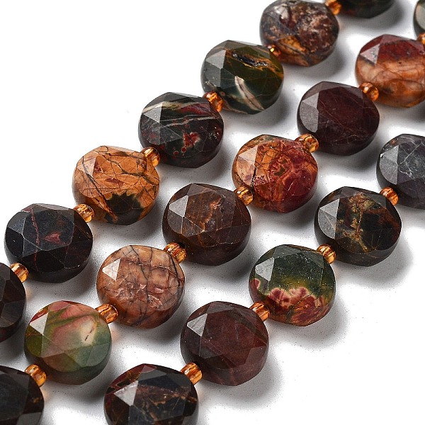 

PandaHall Natural Polychrome Jasper/Picasso Stone/Picasso Jasper Beads Strands, with Seed Beads, Faceted Hexagonal Cut, Flat Round...