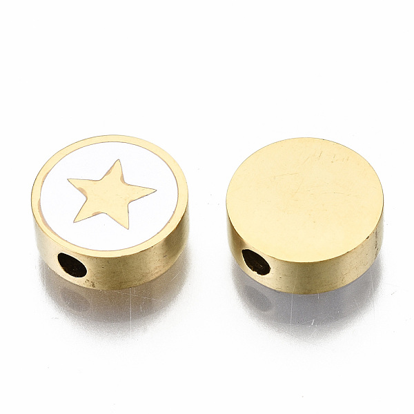 

PandaHall 304 Stainless Steel Beads, Laser Cut, with Enamel, White, Flat Round with Star, Golden, 9.5x3mm, Hole: 2mm 304 Stainless Steel...