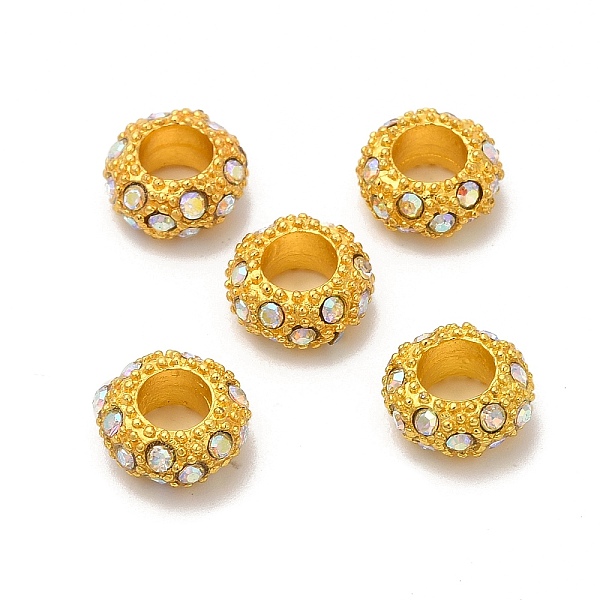 

PandaHall Alloy Rhinestone European Beads, Large Hole Beads, AB Color, Rondelle, Golden, 11x6mm, Hole: 5mm Alloy+Rhinestone Rondelle Clear