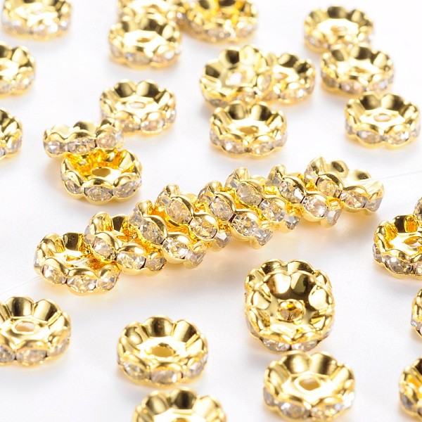 

PandaHall Brass Middle East Rhinestone Spacer Beads, Golden, Nickel Free, about 10mm in diameter, 4mm thick, hole: 2mm Brass+Rhinestone..., Clear