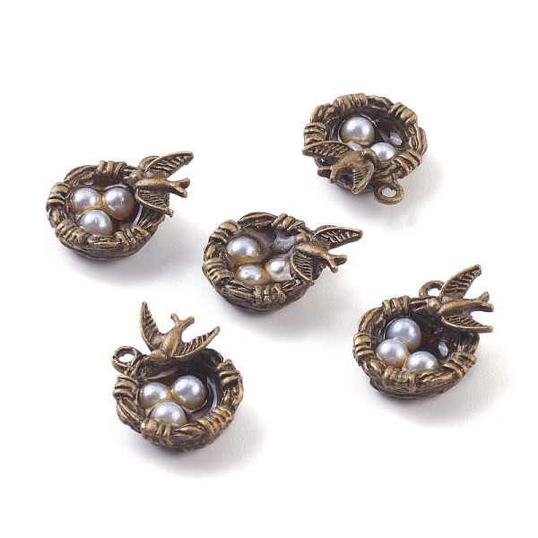 

PandaHall Antique Bronze Plated Light Grey Pearl Alloy Pendants, Bird's Nest with Bird & Bird Egg, 24x20x9mm, Hole: 1.6mm Alloy Others