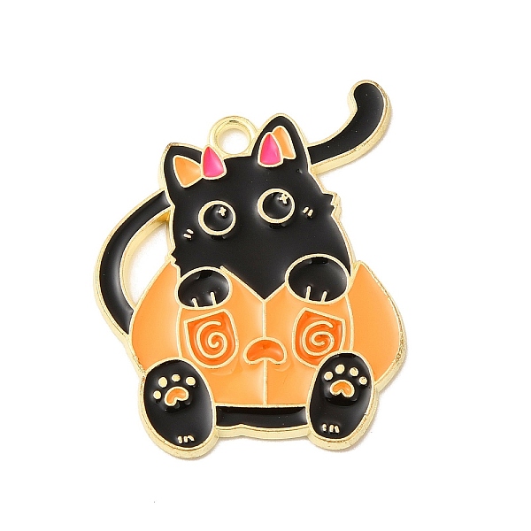 

PandaHall Halloween Theme Alloy Enamel Pendants, Light Gold, Cat Charm, Pumpkin Pattern, 28x24x1.5mm, Hole: 2.2mm Alloy+Enamel Pumpkin