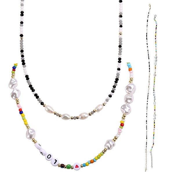 

PandaHall 2Pcs 2 Styles Glass Seed Beaded Necklaces Sets, with Brass Beads, Natural Pearl Beads, 304 Stainless Steel Lobster Claw Clasps and..., Multicolor