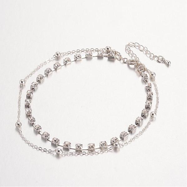 

PandaHall Trendy Brass Rhinestone Multi-strand Anklets, Silver Color Plated, 220mm Rhinestone Clear