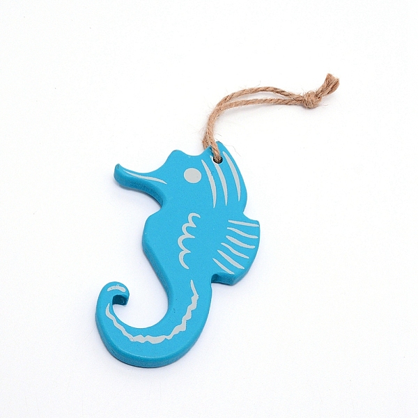 PandaHall MDF Board Pendant Ornaments, Wall Decor Door Hanging Decoration, with Hemp Rope, Sea Horse, Deep Sky Blue, 21.5cm Fibre Sea Horse