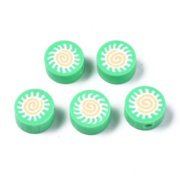 PandaHall Handmade Polymer Clay Beads, for DIY Jewelry Crafts Supplies, Flat Round with Sun, Medium Spring Green, 9.5x4.5~5mm, Hole: 1.6mm...