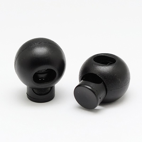 

PandaHall 1-Hole Dyed Iron Spring Loaded Eco-Friendly Plastic Round Buckle Cord Toggle Lock Beans Stoppers for Sportwear Luggage Backpack..., Black