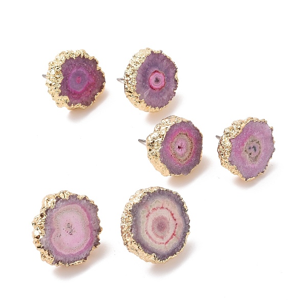

PandaHall Natural Dyed Quartz Stud Earrings, with Brass Findings, Flat Round, Golden, Plum, 14~22x14~22x5~6mm, Pin: 0.7mm Quartz Purple