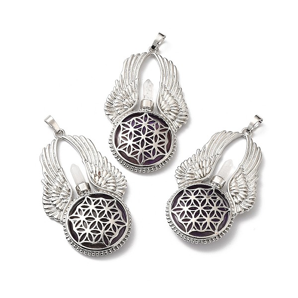 

PandaHall Natural Amethyst Big Pendants, Flat Round with Wing Charms, with Rack Plating Platinum Tone Brass Findings, Cadmium Free & Lead...