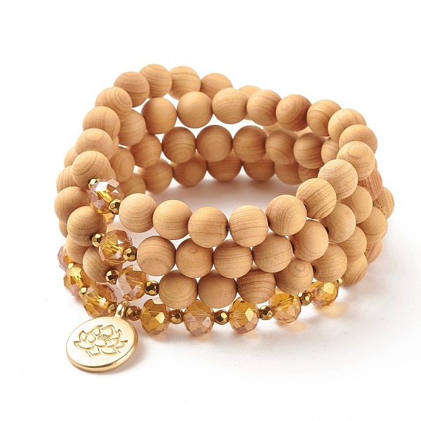 

PandaHall Natural Wood Wrap Bracelet with Synthetic Hematite, Flat Round with Lotus 4 Layer Bracelet for Women, BurlyWood, 30-1/4 inch(77cm)..., Orange