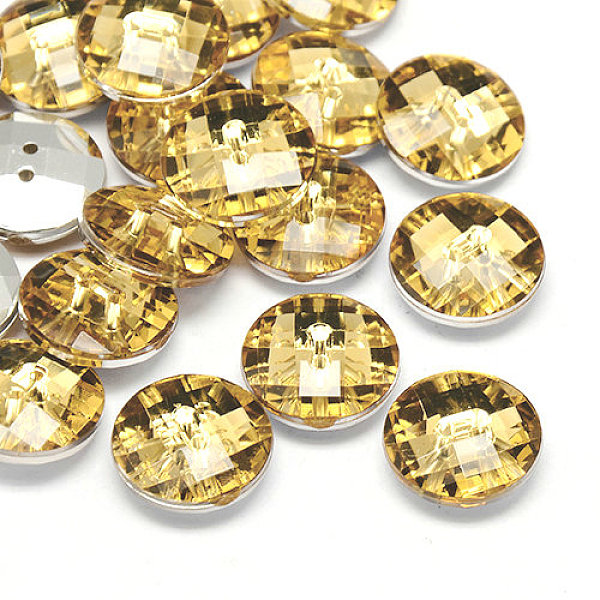 PandaHall Taiwan Acrylic Rhinestone Buttons, Faceted, 2-Hole, Disc, Pale Goldenrod, 15x5mm, Hole: 1mm Acrylic Rhinestone Disc Yellow