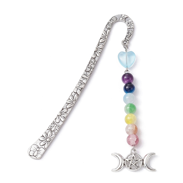 

PandaHall Flower Pattern Alloy Hook Bookmarks, Round & Heart Glass Beaded Bookmark with Charm, Moon, 124mm, Pendant: 90~29.5x8.5mm Alloy...
