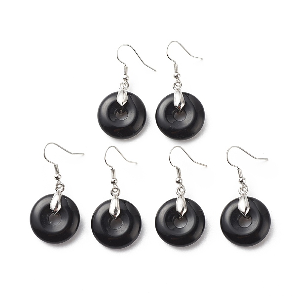 Natural Obsidian Donut Dangle Earrings