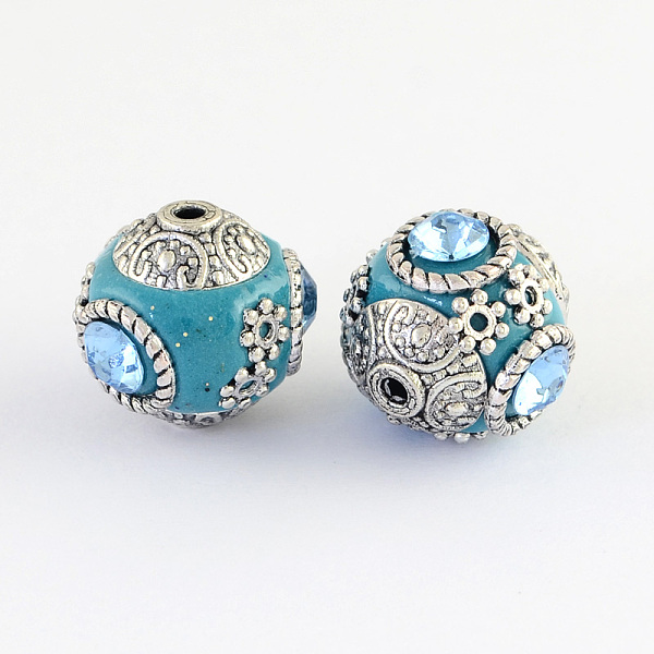 

PandaHall Handmade Indonesia Round Beads, with Glass Cabochons and Antique Silver Metal Color Double Alloy Cores, Dark Turquoise...