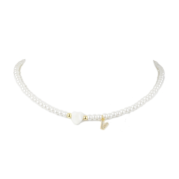 

PandaHall Brass Micro Pave Grade AAA Cubic Zirconia Letter Pendant Necklaces, Heart & Round Baking Painted Pearlized Glass Pearl Beaded..., White
