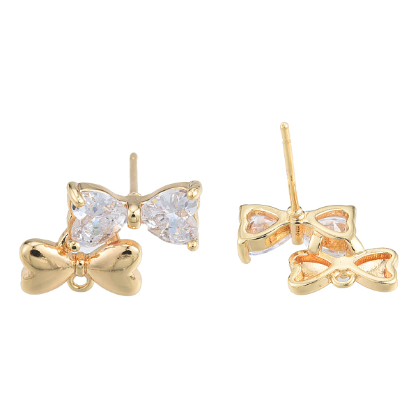 

PandaHall Brass Pave Clear Cubic Zirconia Stud Earring Findings, with Horizontal Loops, Heart Bowknot, Nickel Free, Golden, 10x15mm, Hole...