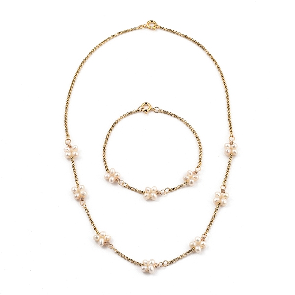 

PandaHall Beaded Bracelets & Necklaces Jewelry Sets, with Natural Cultured Freshwater Pearl Beads, 304 Stainless Steel Rolo Chains and Brass...