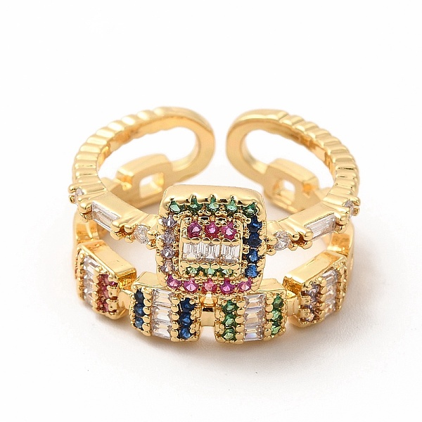 

PandaHall Cubic Zirconia Rectangle Open Cuff Ring, Golden Brass Jewelry for Women, Colorful, Inner Diameter: 17mm Brass+Cubic Zirconia