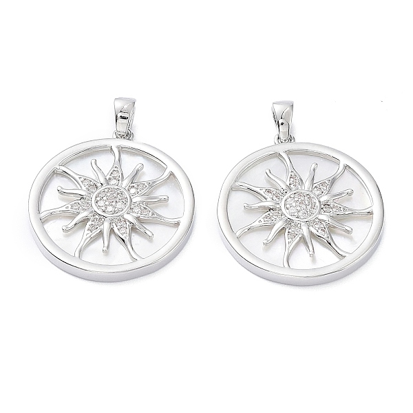 

PandaHall Rack Plating Brass Shell Pendants, with Cubic Zirconia, Long-Lasting Plated, Flat Round with Sun Charms, Real Platinum Plated...