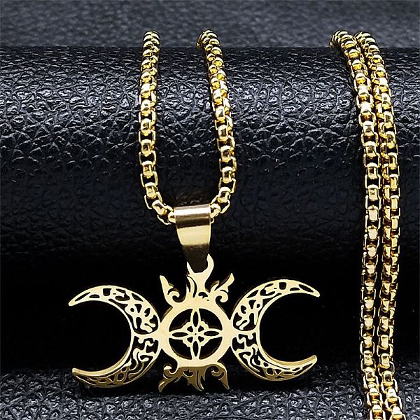 

PandaHall 304 Stainless Steel Pendant Necklaces, Hollow Triple Moon Goddess, Golden, 23.46 inch(59.6cm) 304 Stainless Steel Moon
