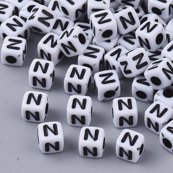 

PandaHall White Opaque Acrylic Beads, Horizontal Hole, Cube with Black Alphabet, Letter.N, 4~5x4~5x4~5mm, Hole: 1.8mm, about...
