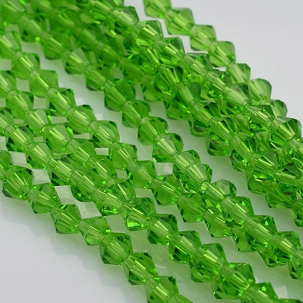 

PandaHall Bicone Glass Beads Strands, Faceted, Lime Green, 4x4mm, Hole: 1mm, about 92~96pcs/strand, 13.78~14.37 inch Glass Bicone Green