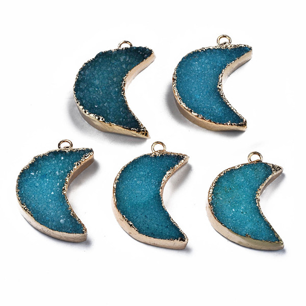 

PandaHall Natural Druzy Agate Pendants, Dyed, with Golden Plated Brass Edge and Loop, Moon, Steel Blue, 28~31.5x21~22.5x7.5~10.5mm, Hole...