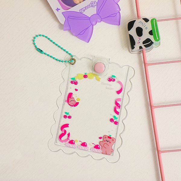 

PandaHall PVC Photocard Sleeve Keychain, with Ball Chains, Wave-Edged Rectangle with Deep Pink Ribbon Pattern, Clear, 110x80mm, Inner...