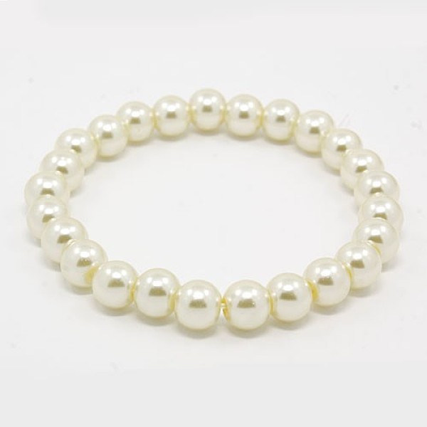PandaHall Stretchy Carnival Jewelry, Mardi Gras Glass Pearl Bracelets, with Elastic Cord, Creamy White, 6x55mm Glass White