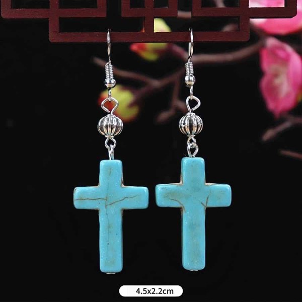 

PandaHall Turquoise Dangle Earrings for Women, Cross Alloy Cross Green
