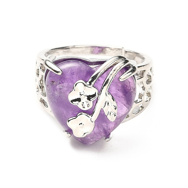 

PandaHall Natural Amethyst Adjustable Rings, Platinum Tone Heart with Flower Brass Rings for Women, Cadmium Free & Lead Free, US Size 6 3/4...