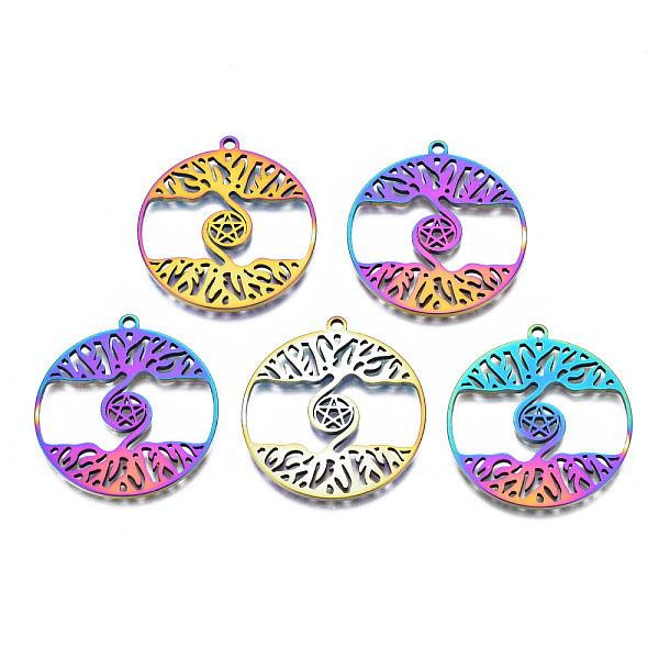 

PandaHall Ion Plating(IP) 201 Stainless Steel Pendants, Flat Round with Star & Tree, Rainbow Color, 32x30x2mm, Hole: 1.8mm 201 Stainless...