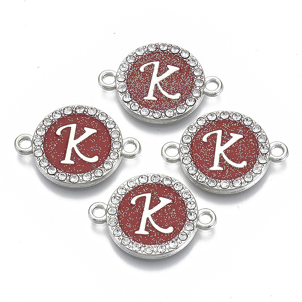 

PandaHall Alloy Enamel Links Connectors, with Crystal Rhinestones, Flat Round with Letter, Silver Color Plated, Letter.K, 22x16x2mm, Hole..., Red