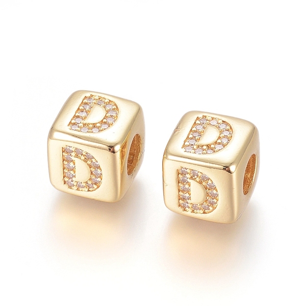 

PandaHall Brass Micro Pave Cubic Zirconia European Beads, Horizontal Hole, Large Hole Beads, Long-Lasting Plated, Cube with Letter, Golden..., Clear