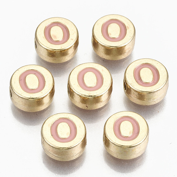 

PandaHall Alloy Enamel Beads, Cadmium Free & Lead Free, Flat Round with Initial Letters, Light Gold, Pink, Letter.O, 8x4mm, Hole: 1.5mm...