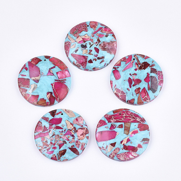 

PandaHall Assembled Synthetic Imperial Jasper and Turquoise Pendants, Dyed, Flat Round, Deep Pink, 40x7mm, Hole: 1.4mm Imperial Jasper Flat...