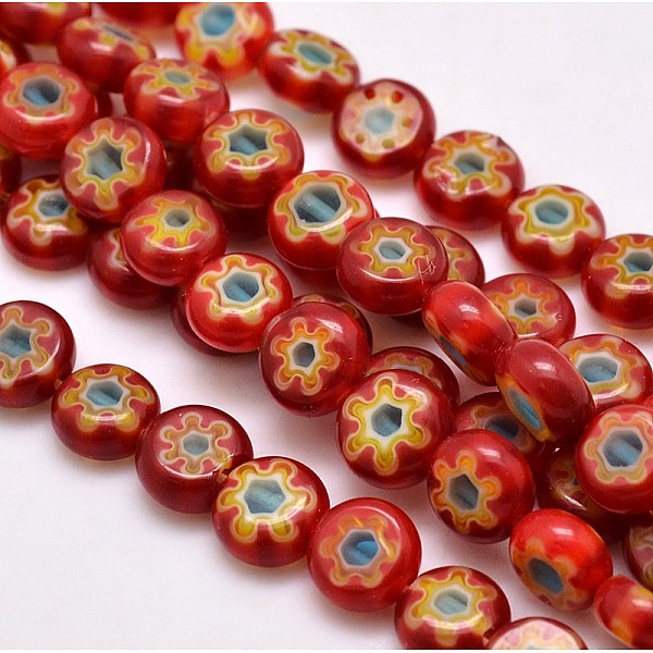 

PandaHall Handmade Millefiori Glass Flat Round Bead Strands, Single Flower Design, FireBrick, 8x4mm, Hole: 1mm, about 53pcs/strand, 14.7..., Red