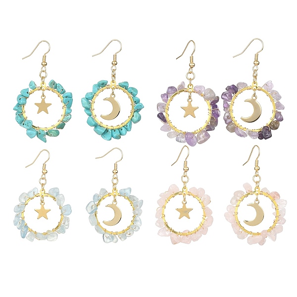 

PandaHall 4 Pair 4 Style Natural & Synthetic Mixed Stone Chips Dangle Earrings, Brass Star & Moon Drop Earrings for Women, 53~56x32.5~34mm...