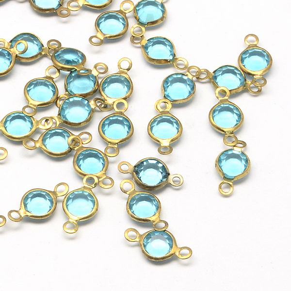 

PandaHall Brass Glass Links/Connectors, Faceted Flat Round, Raw(Unplated), Aqua, 13x6~7x3mm, Hole: 2mm Glass Flat Round Cyan