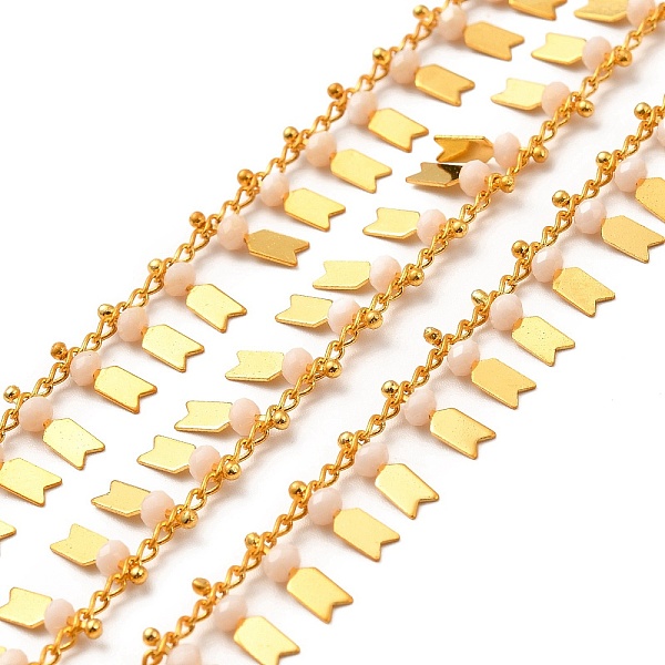 

PandaHall Glass Beaded Arrow Charm Chains, with Real 18K Gold Plated Brass Rope Chains, Soldered, with Spool, Pink, 1.5mm Brass+Glass Pink