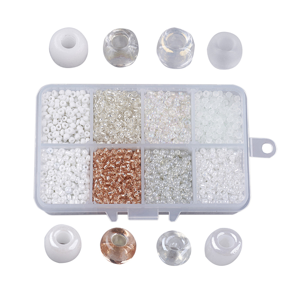 

PandaHall 8/0 Glass Seed Beads, Mixed Style, Round, White, 3x2mm, Hole: 1mm, about 4200pcs/box, Packaging Box: 11x7x3cm Glass White