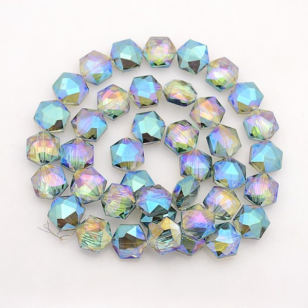 

PandaHall Hexagon Electroplate Full Rainbow Plated Glass Beads Strands, Faceted, Dark Turquoise, 15x14x8mm, Hole: 1mm, about 50pcs/strand..., Cyan