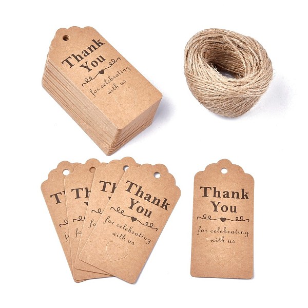 PandaHall Paper Gift Tags, Hang Tags, with Jute Twine, for Wedding Thanksgiving, Rectangle with Word Thank You for Celebrating with Us...