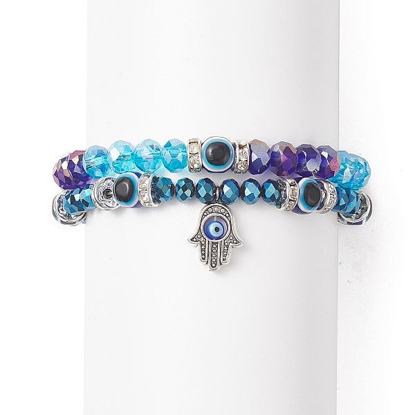 

PandaHall 2Pcs 2 Style Evil Eye Glass & Resin Beaded Stretch Bracelets Set, Alloy Hamsa Hand Charms Stackable Bracelets for Women, Deep Sky...