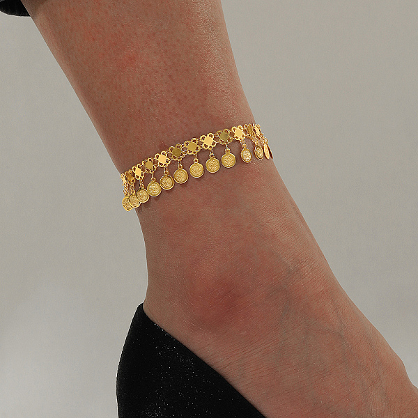 

PandaHall Gold Plated Brass Tassel Coin Charm Anklet for Women Brass Others