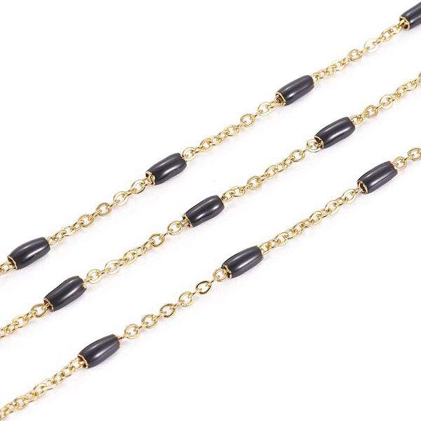 

PandaHall Ion Plating(IP) 304 Stainless Steel Cable Chains, with Enamel Oval Beads, Soldered, with Spool, Flat Oval, Golden, Black, 5x2.5mm...