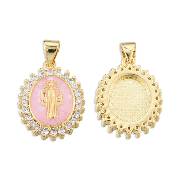 

PandaHall Brass Micro Pave Clear Cubic Zirconia Pendants, with Enamel and Shell, Real 18K Gold Plated, Nickel Free, Oval with Saint, Pink...
