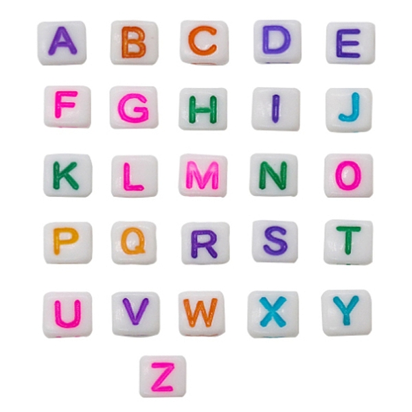 

PandaHall Opaque Acrylic Beads, White, Cube with Alphabet, Letter A~Z, Colorful, 6x6x6mm Acrylic Cube