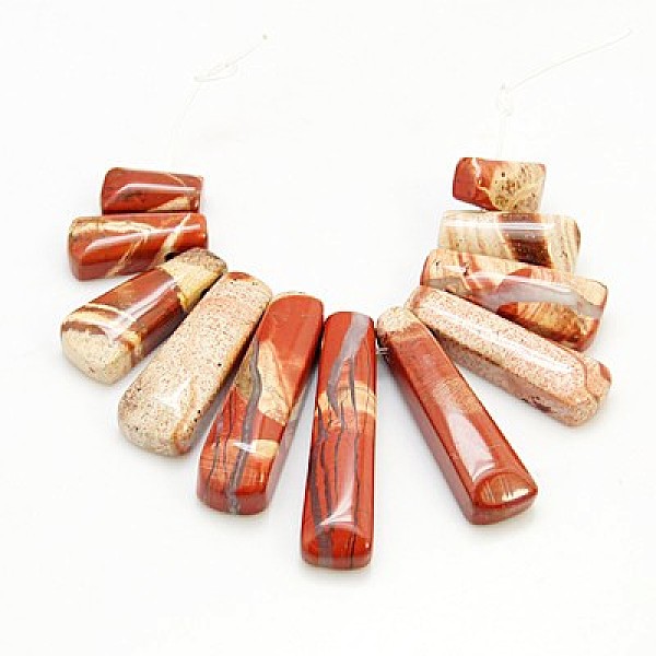 

PandaHall Natural Red Jasper Beads Strands, Rectangle, 15~40x9~10x6~7mm; 11pcs/strand, 3.5 inch Red Jasper Rectangle